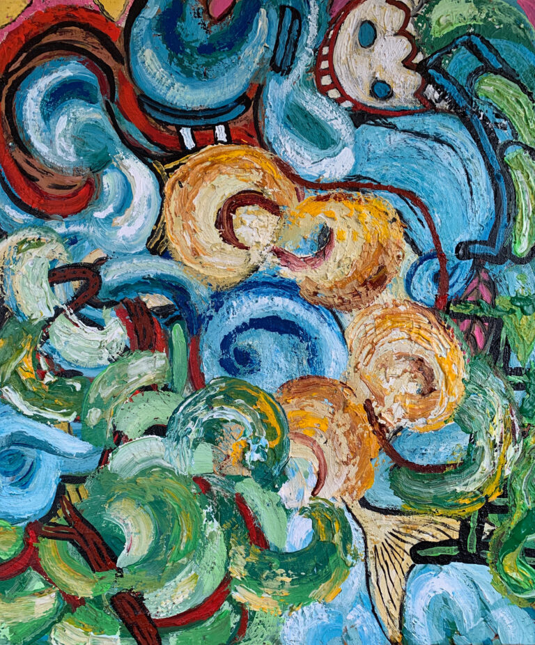 The River II is a thickly painted canvas full of swirls and a fish with teeth. its colors are green, blue, yellow and red