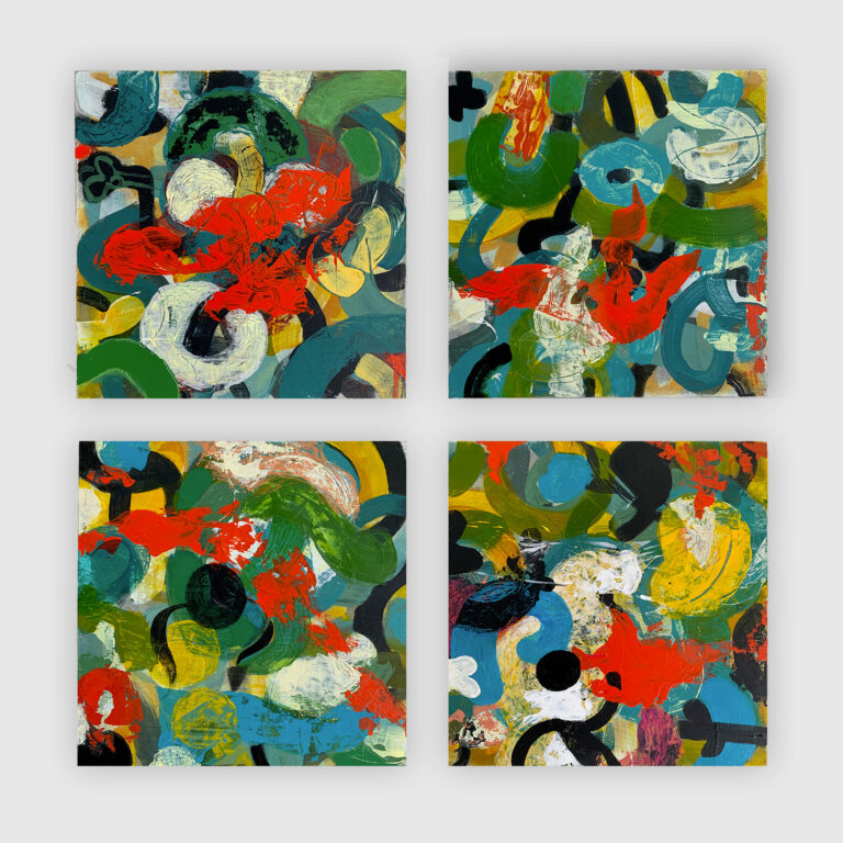 Four colorful abstract paintings in the colors of red, green, yellow, and white