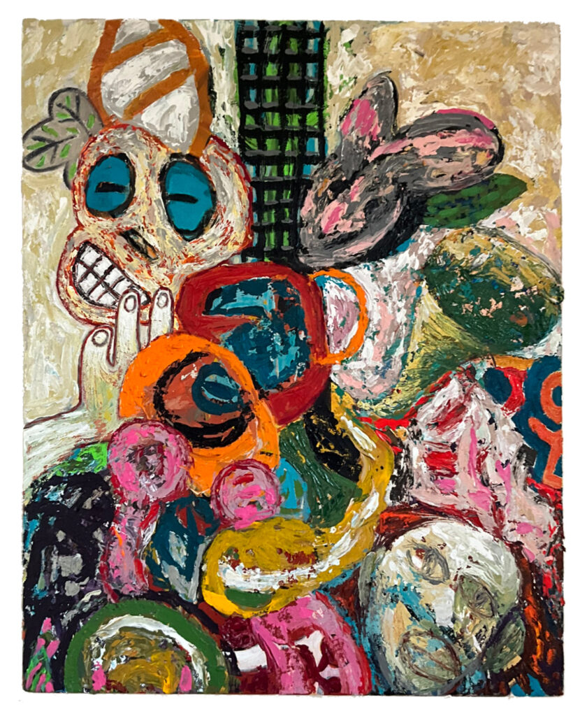 Perilous Journey 2 is a colorful, highly textured, expressionist painting that includes two heads a funnel and a rabbit