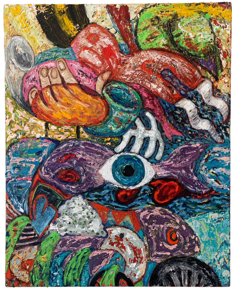 Perilous Journey is a painting full of expressionist color and texture. Figurative details include an eye, a ribcage, a hand.