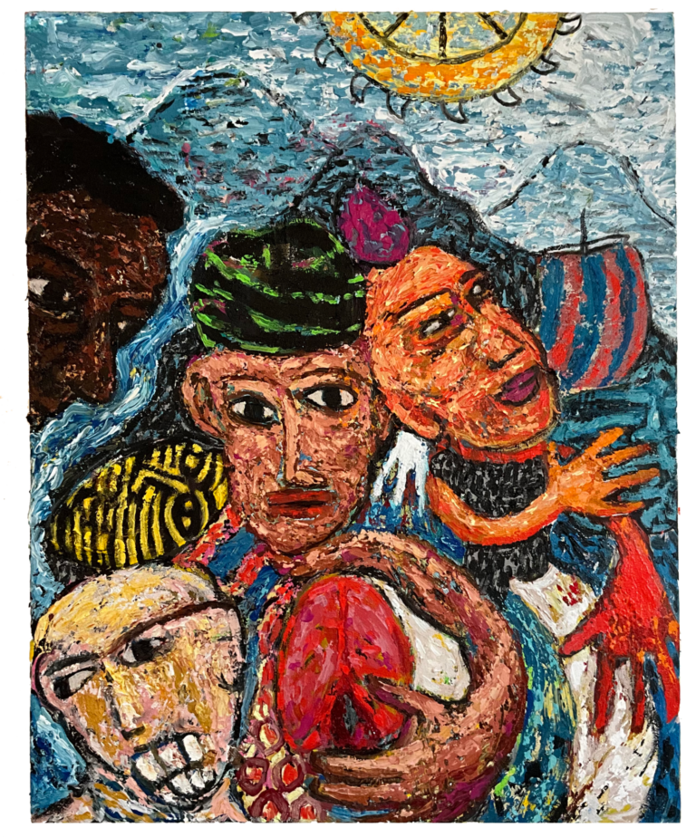 Perilous Journey 4 is a colorful, highly textured, expressionist painting that includes four heads and a mountain