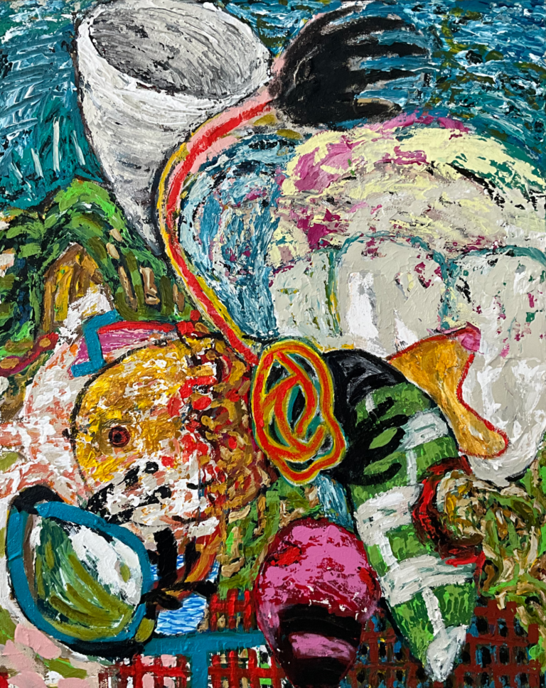 Perilous Journey VI is a colorful, highly textured, expressionist painting that includes a fish, a funnel and a couple of hands, and entrails.