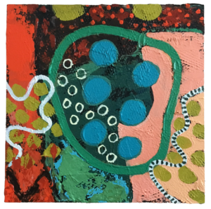 colorful abstraction in blue, pink, red, and green. The surface is textured and features dots and circles.