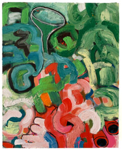 Second One is an abstract jungle in pink and green. Swirling shapes dominate, but there is also a funnel and a hand