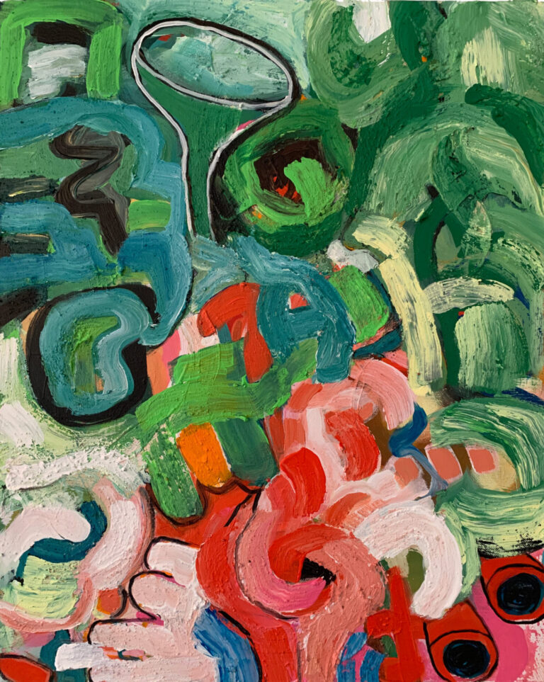 Second One is an abstract jungle in pink and green. Swirling shapes dominate, but there is also a funnel and a hand