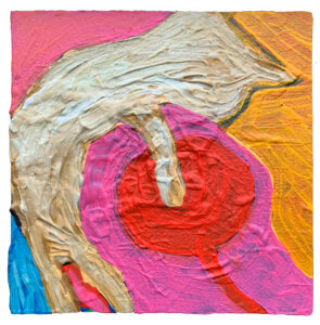 Small cat is a white cat playing with a red all shape. the painting's color are bright yellow, red, pink white and blue