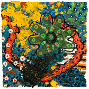 Tracks is a tiny painting that appears to consist of a bicycle chain and a flower. Its colors are bright yellow, blue, orange and green.