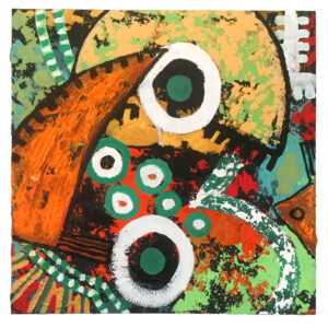 this painting has orange, yellow, black, and green colored abstract shapes that are a bit remniscent of a Mardsen Hartley painting
