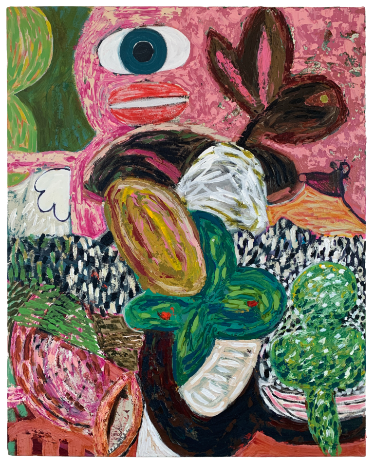 an abstract, highly textured rectangular work in pink and green. There's a bunny, an eye, and a mouth, but the other shapes could be recognized too!