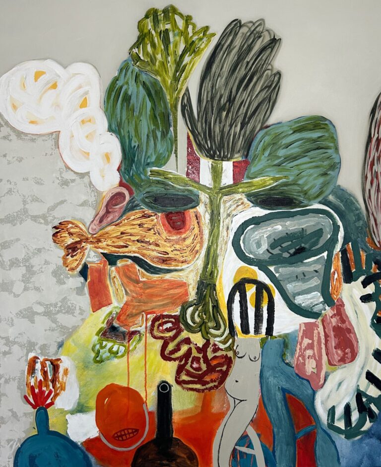 Abstract and narrative painting combined in colorful objects such as a tornado, a fish, a tree, and shooting cannons. The background is grey and the spirit is playful, but the message is anxious