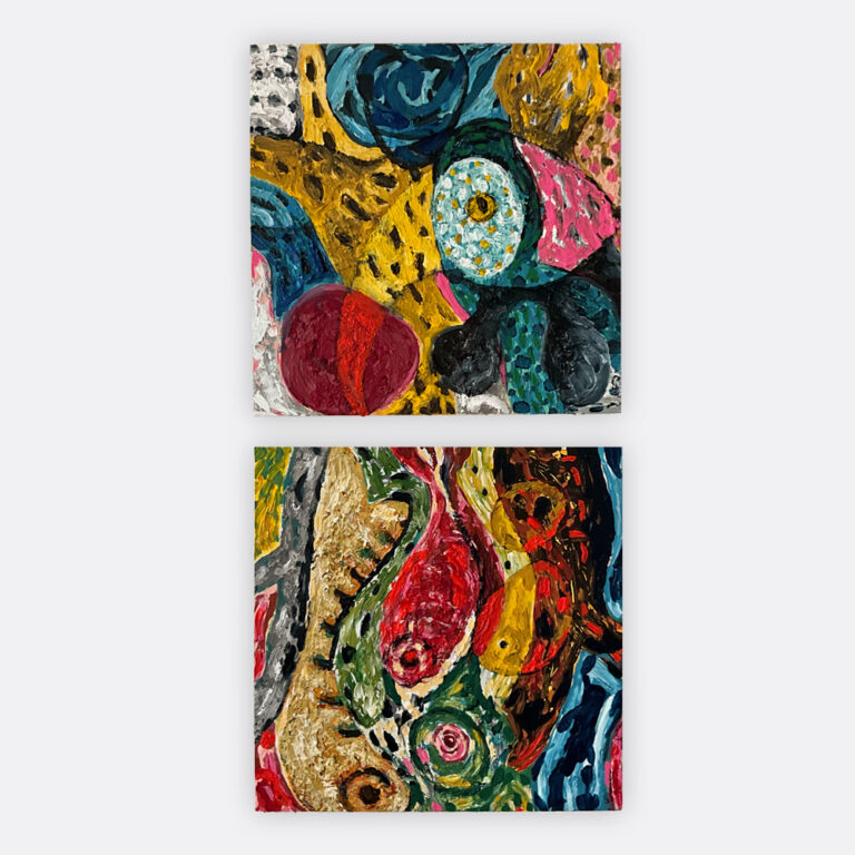 two small square paintings integrate fish images with abstract shapes. Highly colored and textured