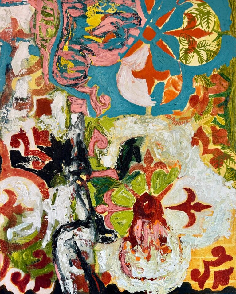 a large scale pattern of trefoils is overlaid with slathered, crunchy paint in yellow, red, pink, blue, green, white and black.