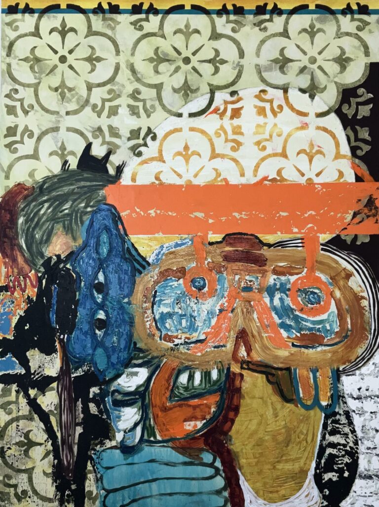 Divided with a patterned top and a textured, active bottom split by a bright orange bar, this abstract painting has blue, yellow, and green figures