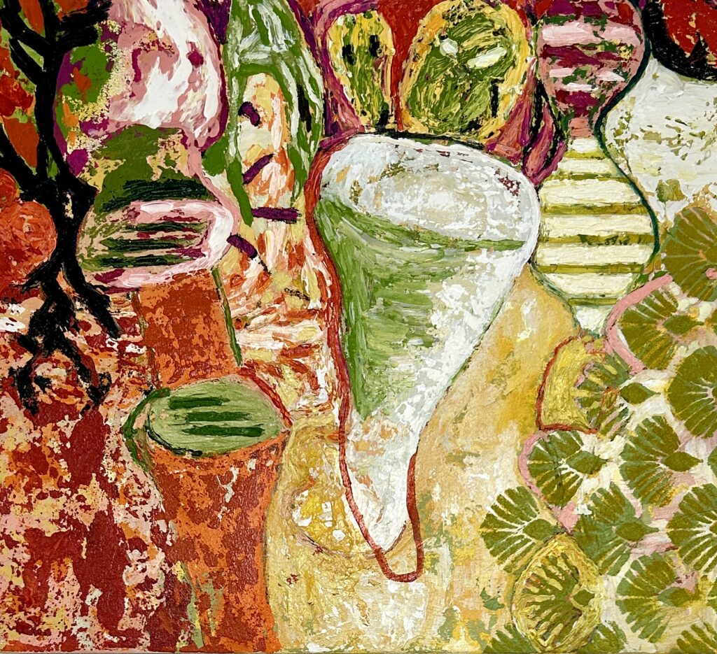 A square painting with hot colors orange, yellow, pink. The abstract figures hint at tornadoes, burnt trees, dna chain, ominous masks.